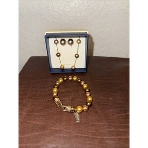 Vintage Kissaka Faux Pearl Gold Tone Bracelet Necklace & Earrings Set